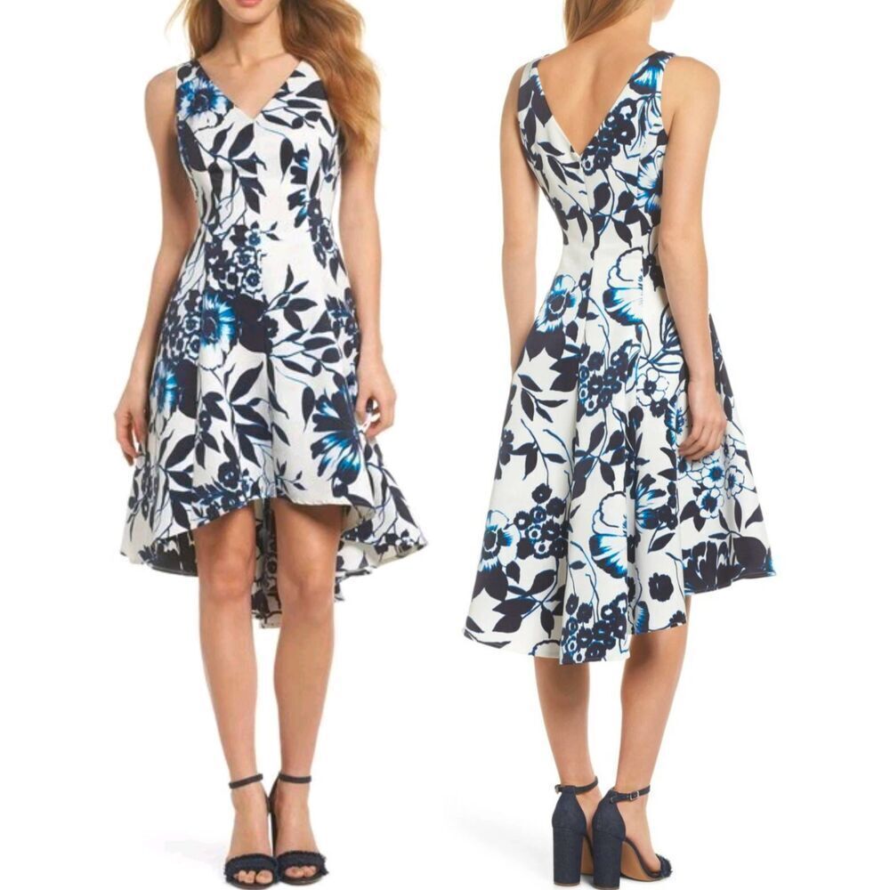 Eliza J white & blue floral hi lo full skirt v-neck formal party dress womens 12